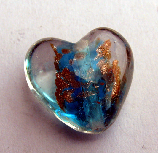 Lampwork hjärta - Turkos med kopparglitter, 20mm, 1 styck