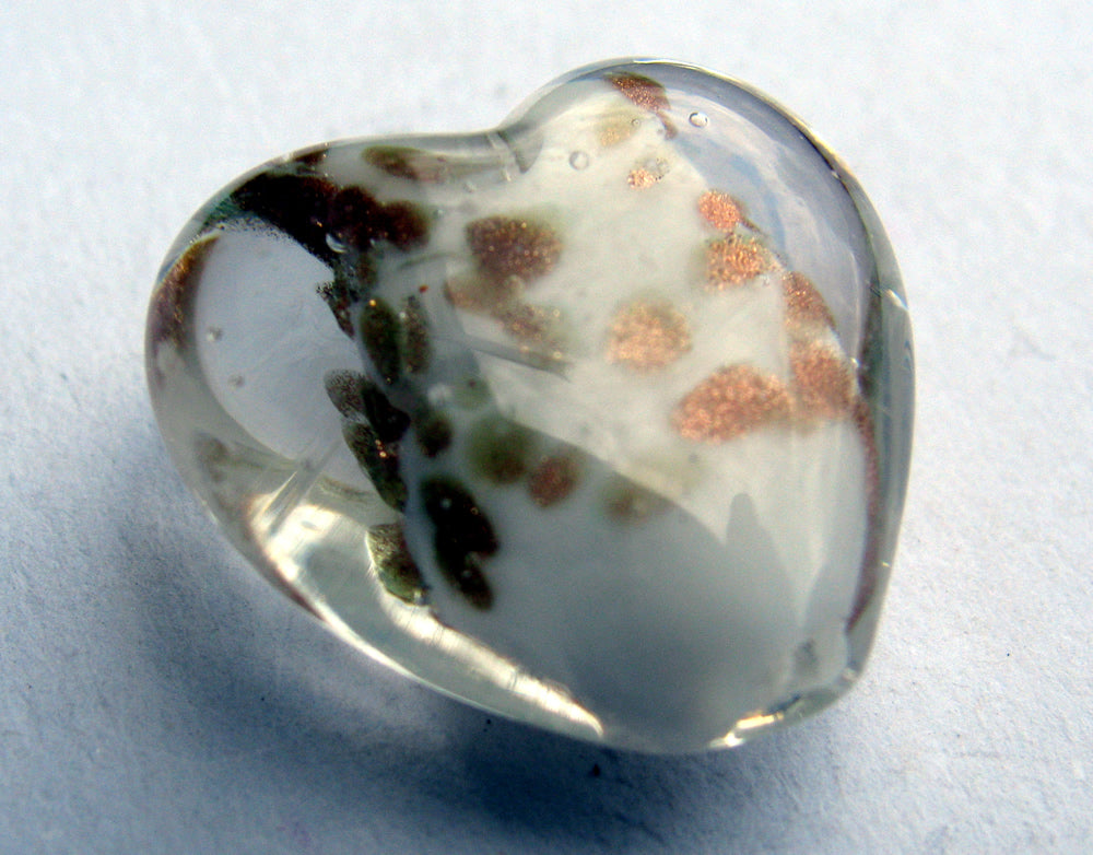 Lampwork hjärta - Vit med kopparglitter, 20mm, 1 styck