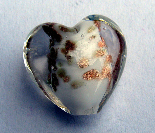 Lampwork hjärta - Vit med kopparglitter, 20mm, 1 styck