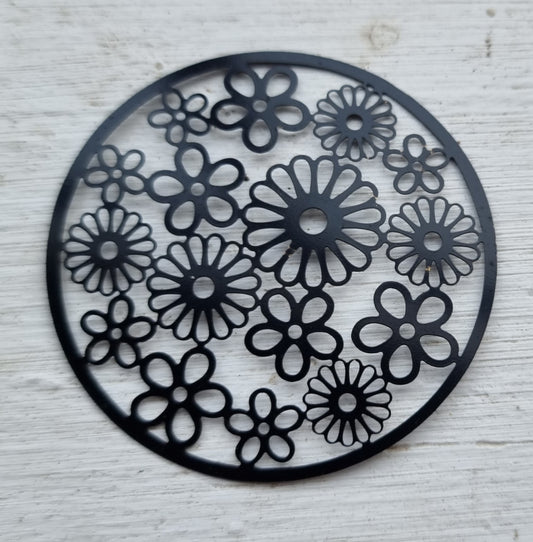 Connector / Hänge svart - Mandala med blommor 47mm