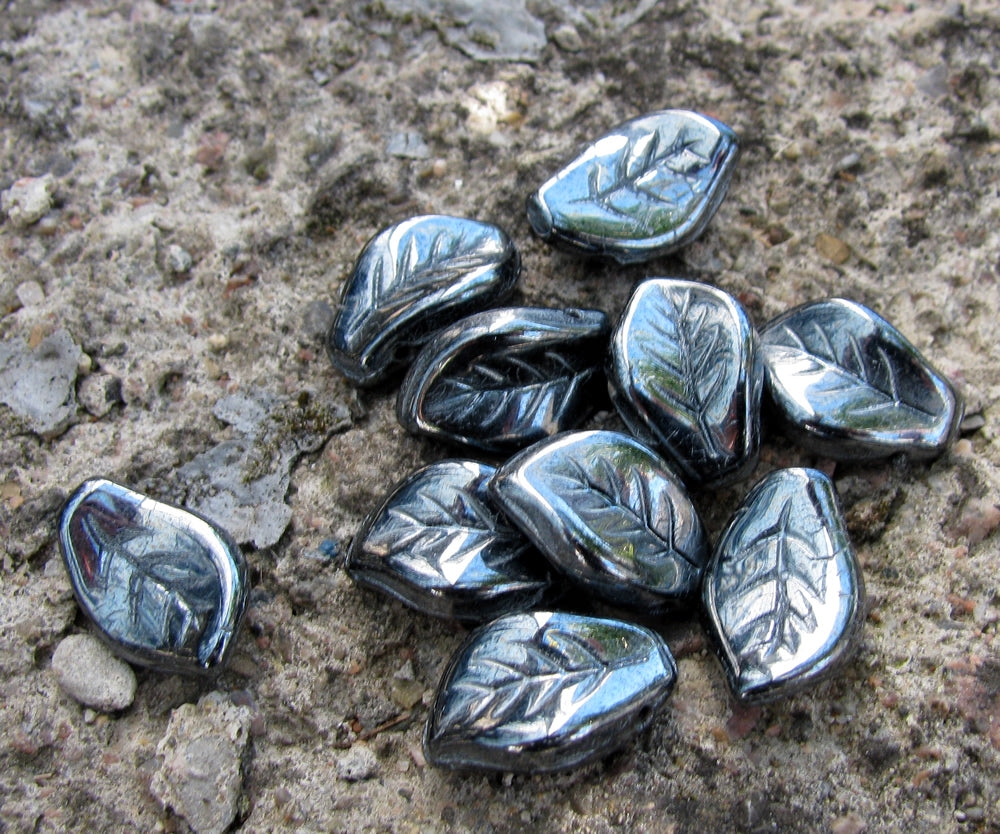 Glaspärlor Löv - Hematite, 9x14mm,10- pack