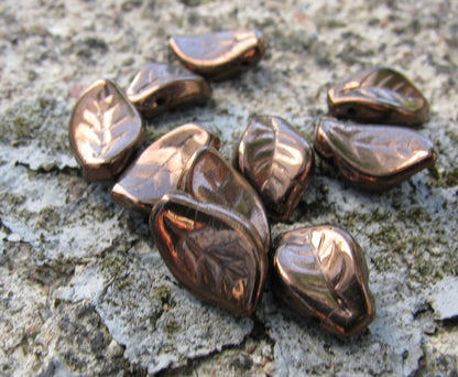 Glaspärlor Löv - Dark Bronze, 9x14mm,10- pack