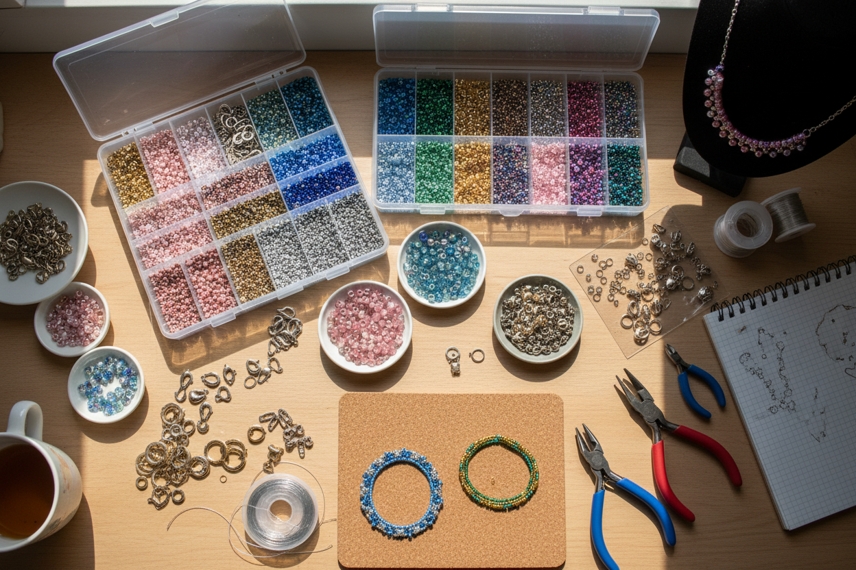 Ett skrivbord med seedbeads och smyckesdelar